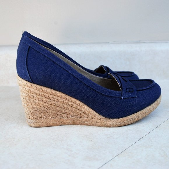 blue canvas wedge shoes